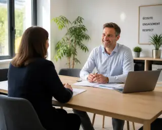 Dirigeant et candidat en discussion lors d'un entretien dans un petit bureau lumineux, ambiance conviviale et professionnelle, table de réunion avec documents et ordinateur.