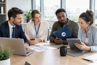 Four professionals around a meeting table in a modern office, each subtly representing different types of employment contracts, engaged in a discussion with documents and a laptop.